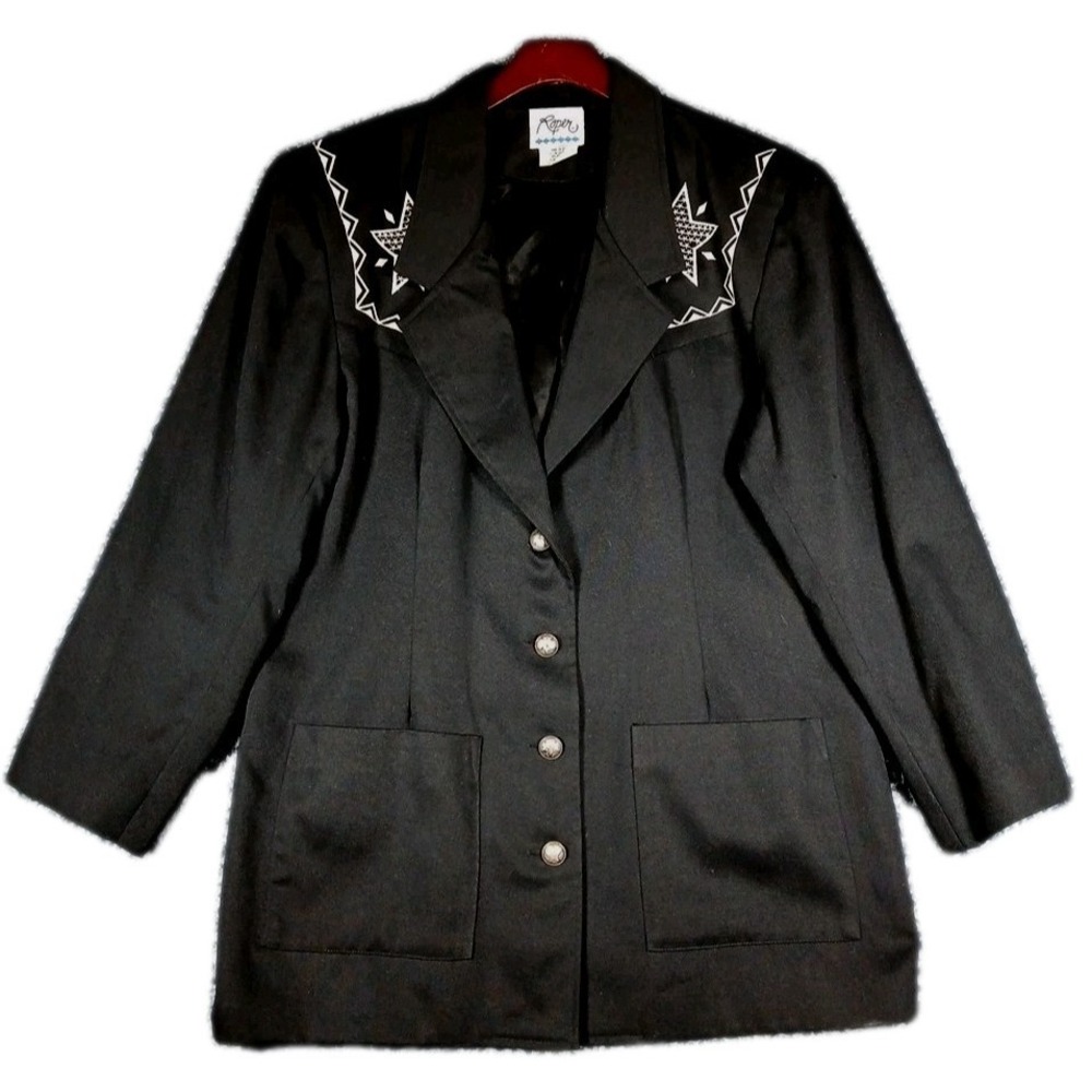 Vintage Roper Blazer Women's L Western Jacket Embroidered White Stars Black USA
